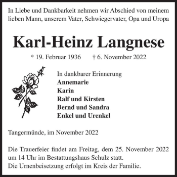 Traueranzeige von Karl-Heinz Langnese  von Magdeburger Volksstimme
