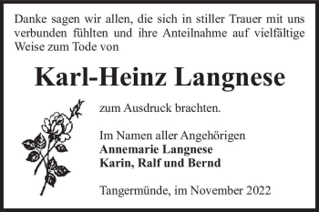 Traueranzeige von Karl-Heinz Langnese  von Magdeburger Volksstimme