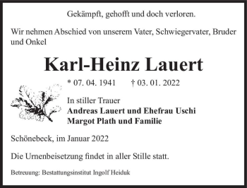 Traueranzeige von Karl-Heinz Lauert  von Magdeburger Volksstimme