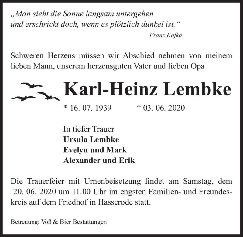  Traueranzeige für Karl-Heinz Lembke  vom 06.06.2020 aus Magdeburger Volksstimme