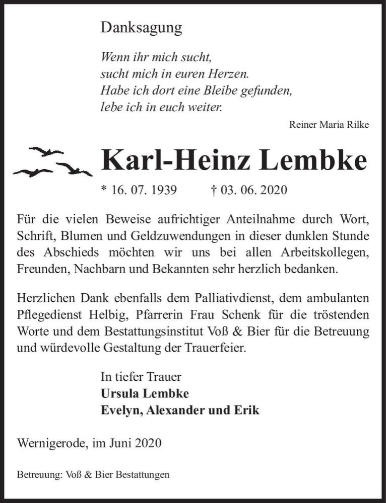  Traueranzeige für Karl-Heinz Lembke  vom 04.07.2020 aus Magdeburger Volksstimme