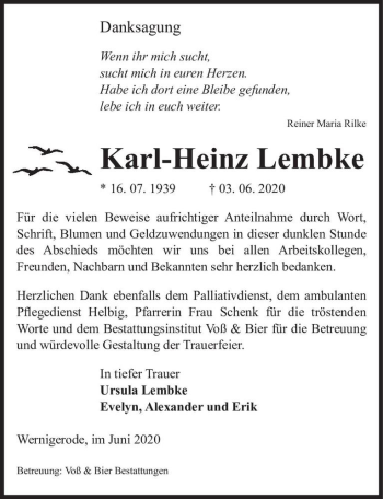 Traueranzeige von Karl-Heinz Lembke  von Magdeburger Volksstimme