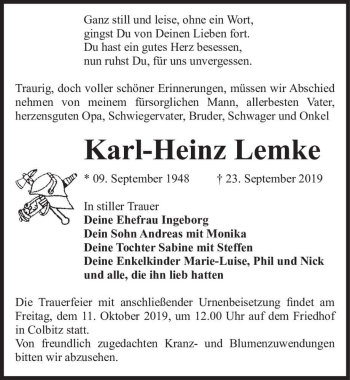 Traueranzeige von Karl-Heinz Lemke  von Magdeburger Volksstimme