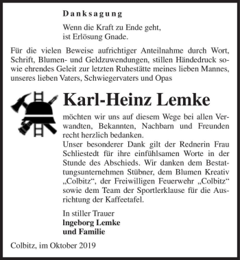 Traueranzeige von Karl-Heinz Lemke  von Magdeburger Volksstimme