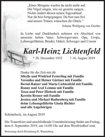Traueranzeige von Karl-Heinz Lichtenfeld  von Magdeburger Volksstimme