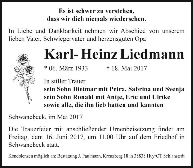  Traueranzeige für Karl-Heinz Liedmann  vom 27.05.2017 aus Magdeburger Volksstimme