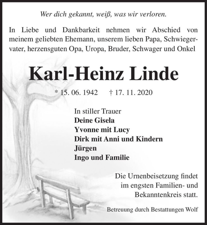  Traueranzeige für Karl-Heinz Linde  vom 21.11.2020 aus Magdeburger Volksstimme