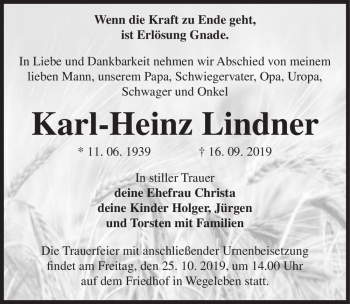 Traueranzeige von Karl-Heinz Lindner  von Magdeburger Volksstimme