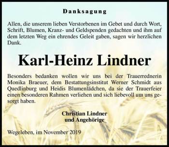 Traueranzeige von Karl-Heinz Lindner  von Magdeburger Volksstimme