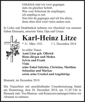 Traueranzeige von Karl-Heinz Litze  von Magdeburger Volksstimme