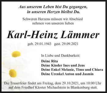 Traueranzeige von Karl-Heinz Lämmer  von Magdeburger Volksstimme