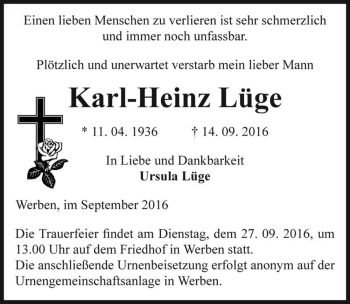 Traueranzeige von Karl-Heinz Lüge  von Magdeburger Volksstimme