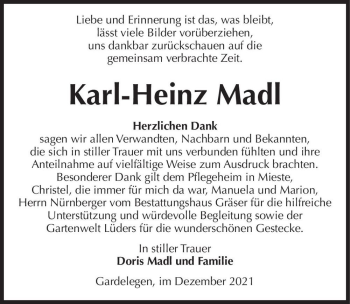 Traueranzeige von Karl-Heinz Madl  von Magdeburger Volksstimme