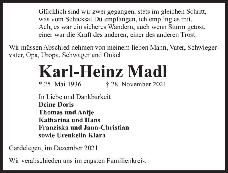  Traueranzeige für Karl-Heinz Madl  vom 01.12.2021 aus Magdeburger Volksstimme