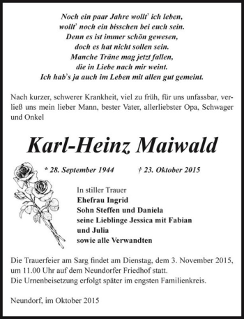 Traueranzeige von Karl-Heinz Maiwald  von Magdeburger Volksstimme