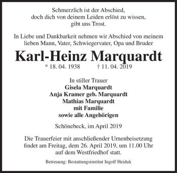 Traueranzeige von Karl-Heinz Marquardt  von Magdeburger Volksstimme