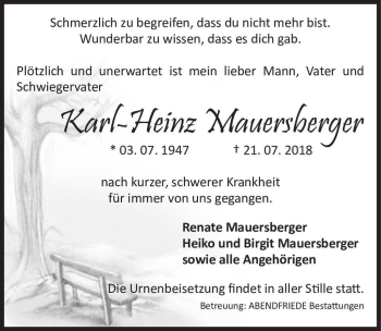 Traueranzeige von Karl-Heinz Mauersberger  von Magdeburger Volksstimme