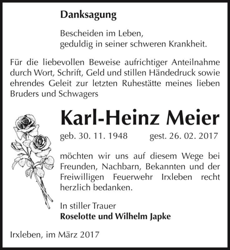  Traueranzeige für Karl-Heinz Meier  vom 18.03.2017 aus Magdeburger Volksstimme