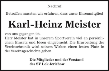 Traueranzeige von Karl-Heinz Meister  von Magdeburger Volksstimme