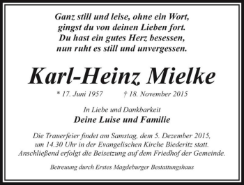 Traueranzeige von Karl-Heinz Mielke  von Magdeburger Volksstimme