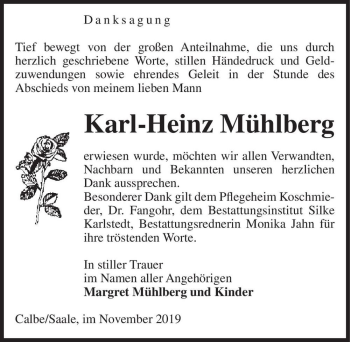 Traueranzeige von Karl-Heinz Mühlberg  von Magdeburger Volksstimme