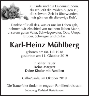 Traueranzeige von Karl-Heinz Mühlberg  von Magdeburger Volksstimme