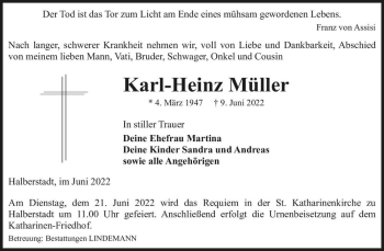 Traueranzeige von Karl-Heinz Müller  von Magdeburger Volksstimme