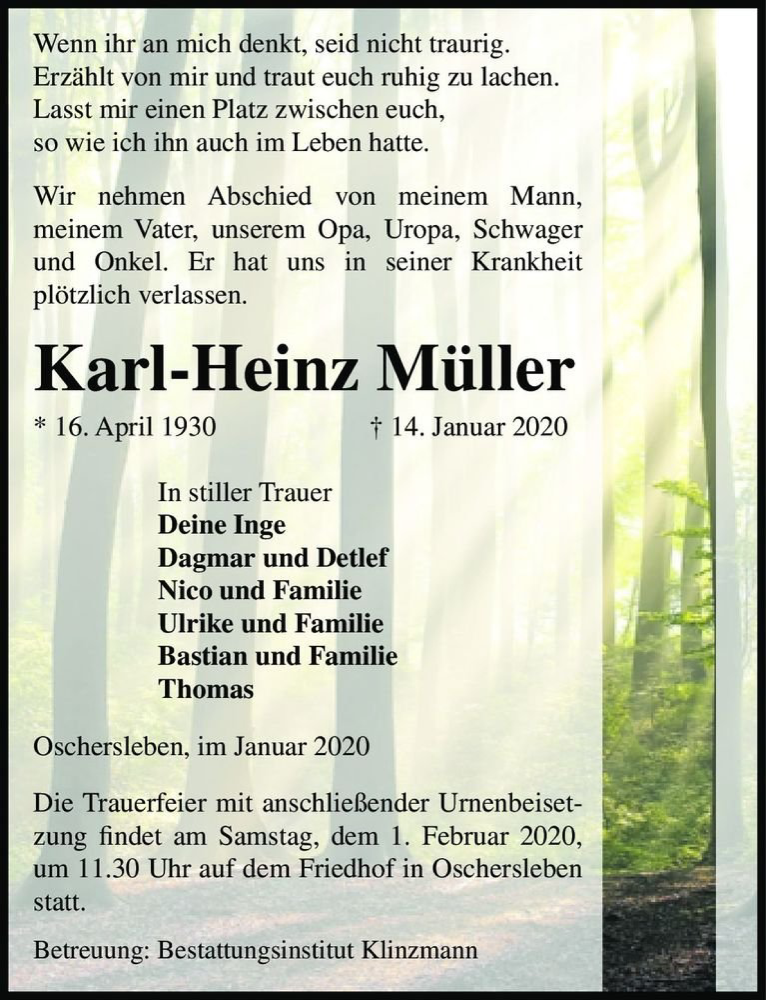  Traueranzeige für Karl-Heinz Müller  vom 18.01.2020 aus Magdeburger Volksstimme