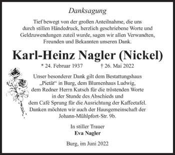 Traueranzeige von Karl-Heinz Nagler (Nickel)  von Magdeburger Volksstimme