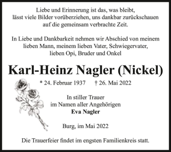 Traueranzeige von Karl - Heinz Nagler ( Nickel )  von Magdeburger Volksstimme
