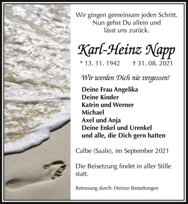  Traueranzeige für Karl-Heinz Napp  vom 04.09.2021 aus Magdeburger Volksstimme