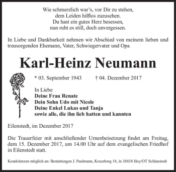 Traueranzeige von Karl-Heinz Neumann  von Magdeburger Volksstimme