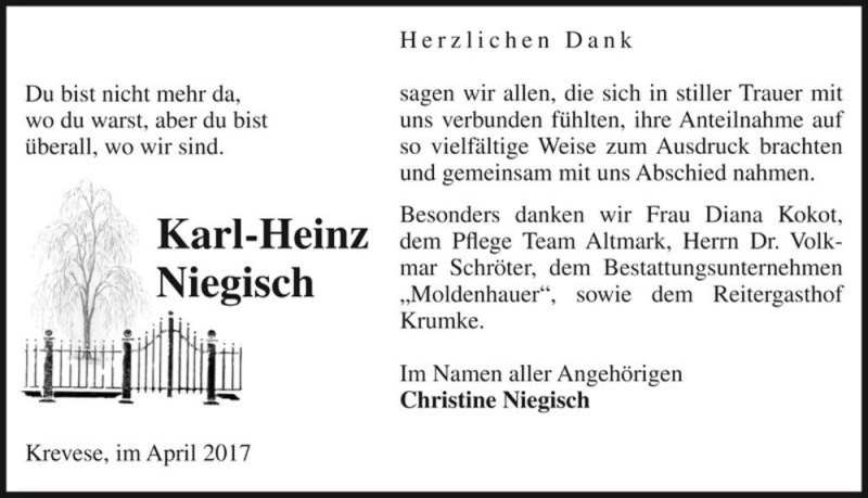  Traueranzeige für Karl-Heinz Niegisch  vom 18.04.2017 aus Magdeburger Volksstimme