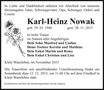 Traueranzeige von Karl-Heinz Nowak  von Magdeburger Volksstimme