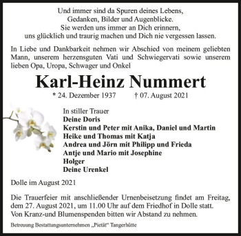 Traueranzeige von Karl-Heinz Nummert  von Magdeburger Volksstimme