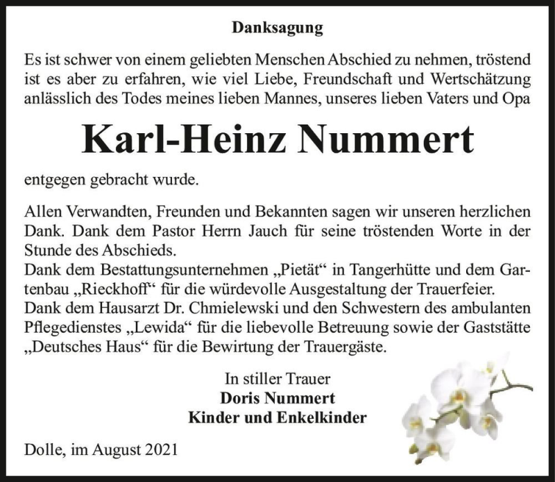  Traueranzeige für Karl-Heinz Nummert  vom 11.09.2021 aus Magdeburger Volksstimme
