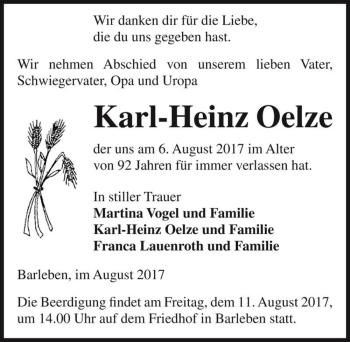Traueranzeige von Karl-Heinz Oelze  von Magdeburger Volksstimme