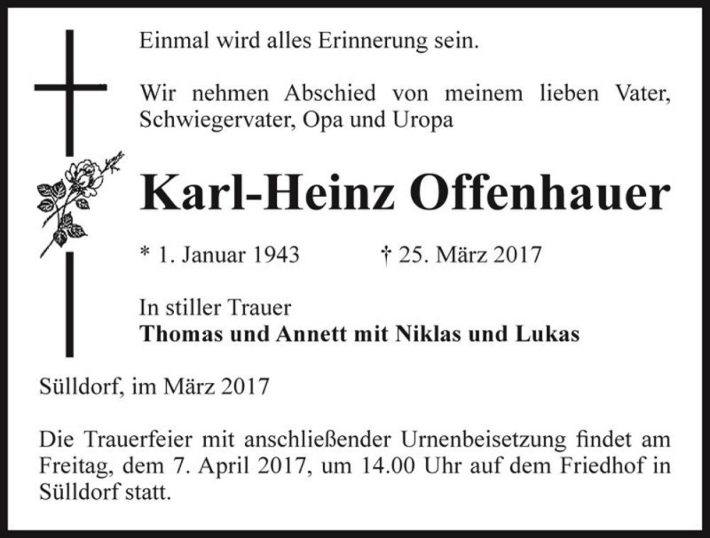  Traueranzeige für Karl-Heinz Offenhauer  vom 01.04.2017 aus Magdeburger Volksstimme