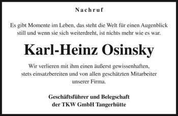 Traueranzeige von Karl-Heinz Osinsky  von Magdeburger Volksstimme