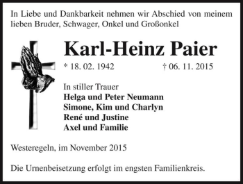 Traueranzeige von Karl-Heinz Paier  von Magdeburger Volksstimme