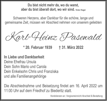 Traueranzeige von Karl-Heinz Pasewald  von Magdeburger Volksstimme