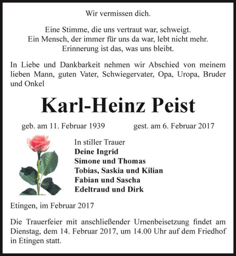  Traueranzeige für Karl-Heinz Peist  vom 09.02.2017 aus Magdeburger Volksstimme