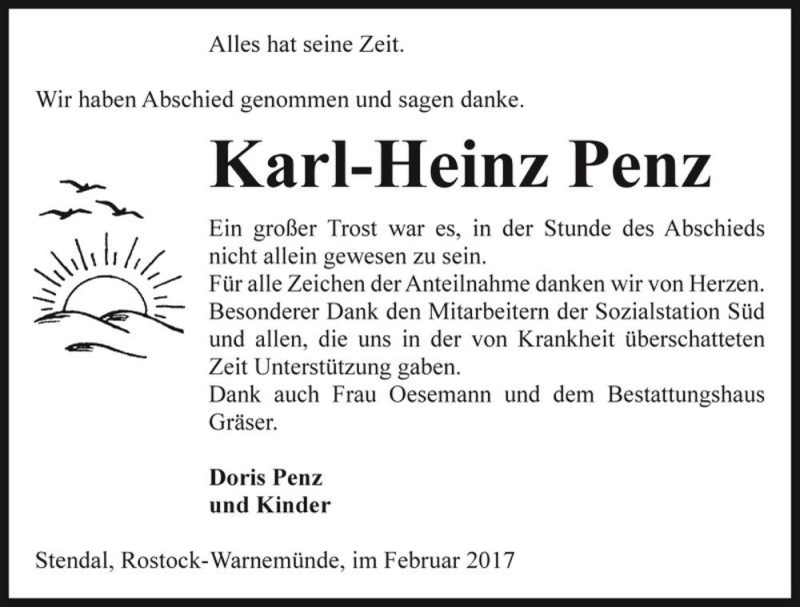  Traueranzeige für Karl-Heinz Penz  vom 18.02.2017 aus Magdeburger Volksstimme