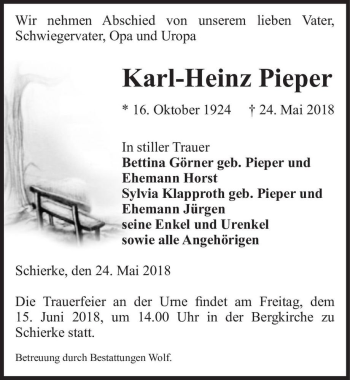 Traueranzeige von Karl-Heinz Pieper  von Magdeburger Volksstimme