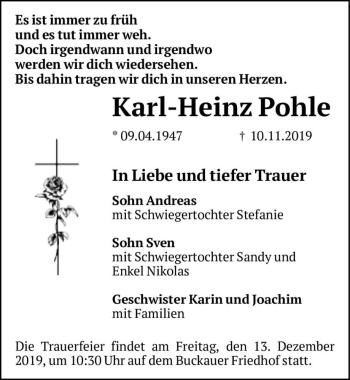 Traueranzeige von Karl-Heinz Pohle  von Magdeburger Volksstimme