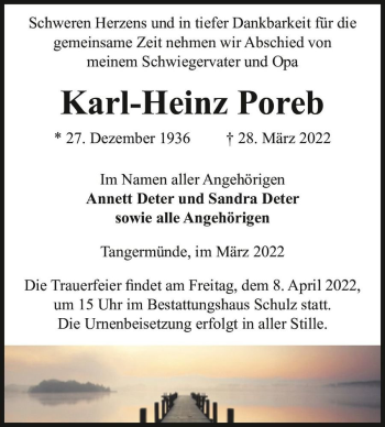 Traueranzeige von Karl-Heinz Poreb  von Magdeburger Volksstimme