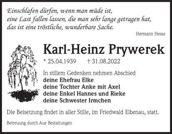 Traueranzeige von Karl-Heinz Prywerek  von Magdeburger Volksstimme