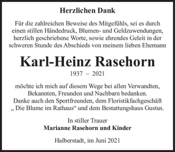 Traueranzeige von Karl-Heinz Rasehorn  von Magdeburger Volksstimme