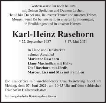 Traueranzeige von Karl-Heinz Rasehorn  von Magdeburger Volksstimme