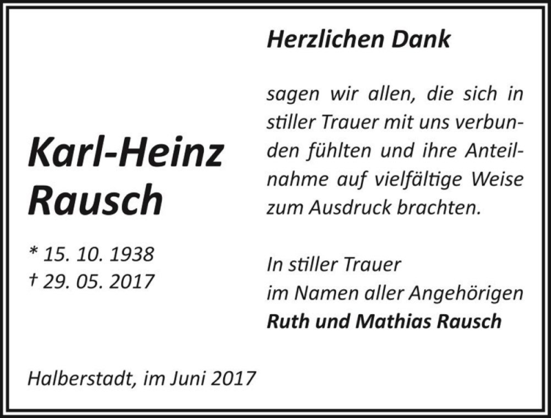  Traueranzeige für Karl-Heinz Rausch  vom 24.06.2017 aus Magdeburger Volksstimme